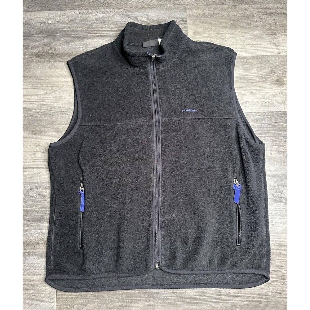 Vtg Patagonia Men’s Black Blue Full Zip Fleece Vest Pockets Made In USA - Large